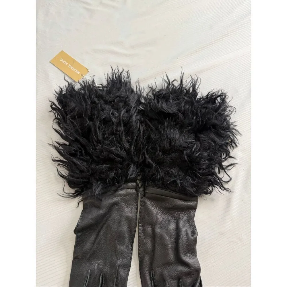 NWT Michael Kors Black Leather Mohair Gloves Size Small New